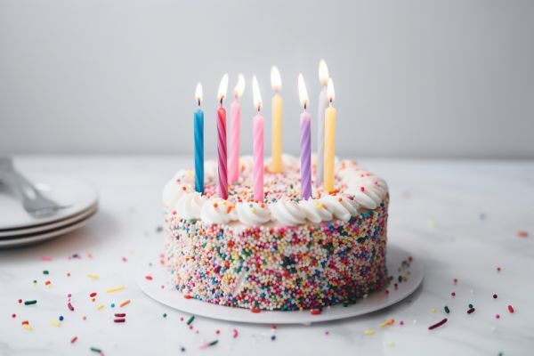 Una tarta de cumpleaños con las velas encendidas sobre una mesa