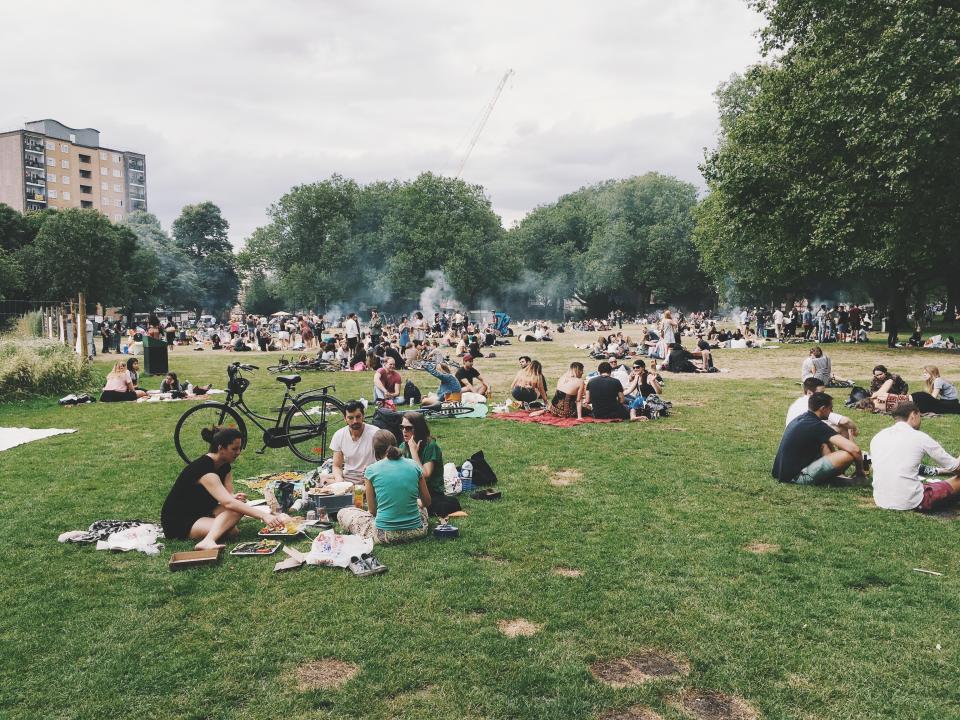 People sitting on the grass in a busy park, having picnics in small groups